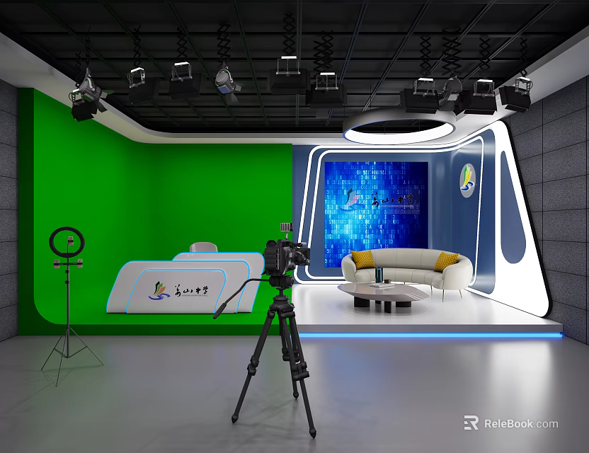 Professional Studio Setup With Green Screen Lighting Equipment Camera On Tripod Sofa And Digital 3d model