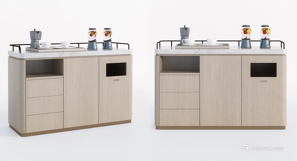 Modern Light Wood Sideboard With Drawers Open Shelves Coffee Maker And Storage Jars 3d model 