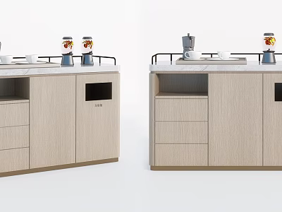 Modern Light Wood Sideboard With Drawers Open Shelves Coffee Maker And Storage Jars 3d model