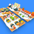 Colorful Japanese Sushi Platter With Salmon Crab Sticks Small Octopus On Orange Trays Blue Background