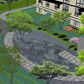 Illuminated Courtyard Garden Design With Circular Pond Stone Path And Lush Greenery