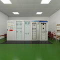 Industrial Control Room Featuring Electrical Control Cabinets Warning Signs Green Floor Safety Helmet Tool Boxes