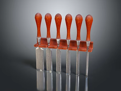 Six Kitchen Knives With Wooden Handles And Metal Blades In Storage Rack 3d model