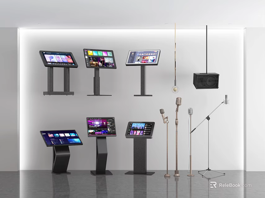 Modern Digital Display Setup With Multiple Screen Stands Microphones And Projector 3d model