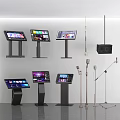 Modern Digital Display Setup With Multiple Screen Stands Microphones And Projector 3d model