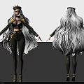 Woman In Black And Gold Outfit With Long White Hair 3D Model Front Back View