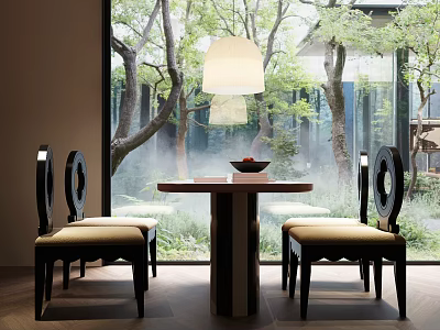 Dining Table Set With Round Table Black Frame Chairs Beige Cushions Misty Trees By Window 3d model