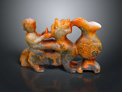 Ancient Carved Sculpture With Human Figure And Mythical Beast Orange Gray Intricate Patterns 3d model