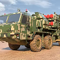 Camouflaged Military Missile Launch Vehicle With Elevated Launcher In Desert Terrain