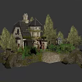 Cartoon Scene With Cozy Cottage Pine Trees Rocky Ground And Gravel Path