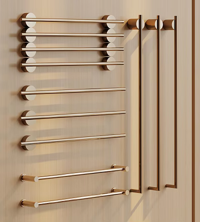 Golden Metal Towel Racks With Multiple Bars On Light Colored Wall Surface 3d model