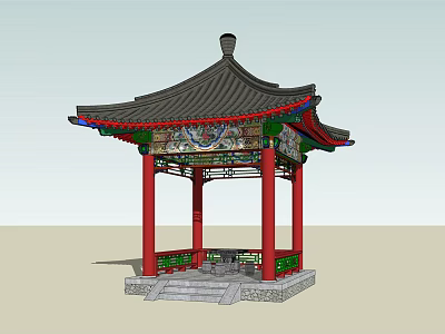 Traditional Chinese Pavilion With Red Pillars Black Roof And Decorative Carvings 3d model