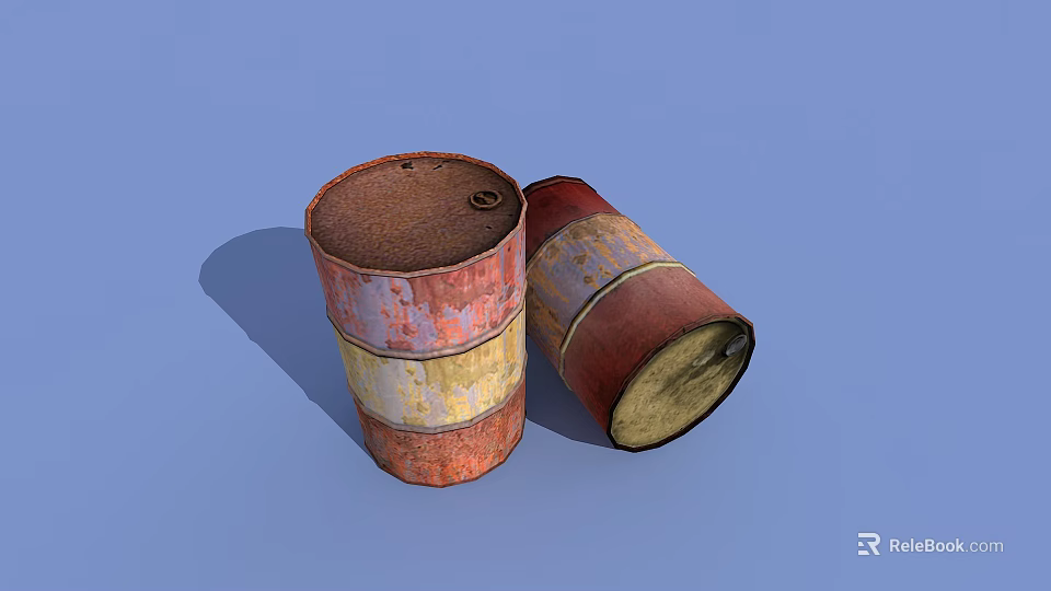 Industrial Equipment Featuring Rusted Red Brown Oil Drums with Yellow Stripes Standing and Tilted 3d model 