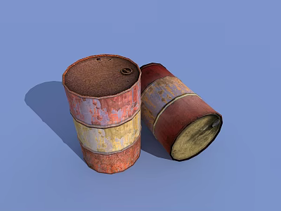 Industrial Equipment Featuring Rusted Red Brown Oil Drums with Yellow Stripes Standing and Tilted 3d model