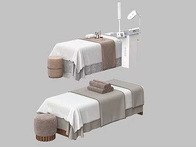 Comfortable Spa Massage Bed With White Sheets Brown Towels Stool And Lamp 3d model