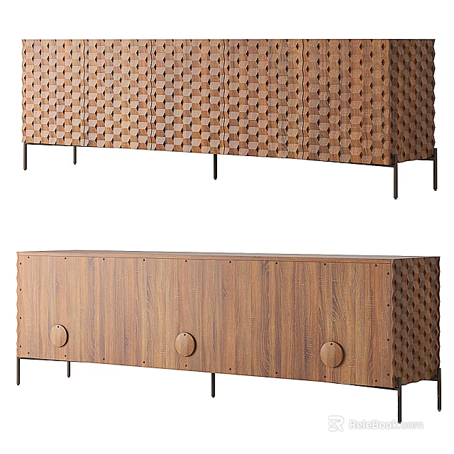 Modern Wooden TV Cabinet With Woven Texture Wood Grain Surface And Black Slim Legs 3d model 