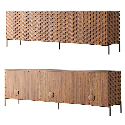 Modern Wooden TV Cabinet With Woven Texture Wood Grain Surface And Black Slim Legs 3d model