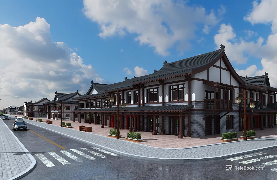 Traditional Chinese Ancient Architecture With Classic Roof Wooden Structure and Streetside Buildings 3d model 