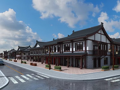 Traditional Chinese Ancient Architecture With Classic Roof Wooden Structure and Streetside Buildings 3d model