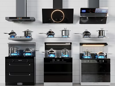 Modern Sleek Kitchen Appliances With Range Hoods Induction Cooktops And Gas Stoves 3d model