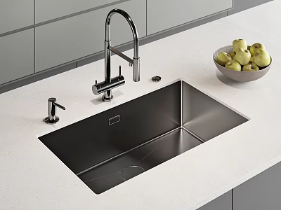 Modern Kitchen Faucet on Stainless Steel Sink with Soap Dispenser and Bowl of Green Apples 3d model