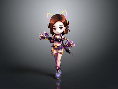 Cartoon Woman Character With Cat Ears Purple Outfit And Accessories 3d model