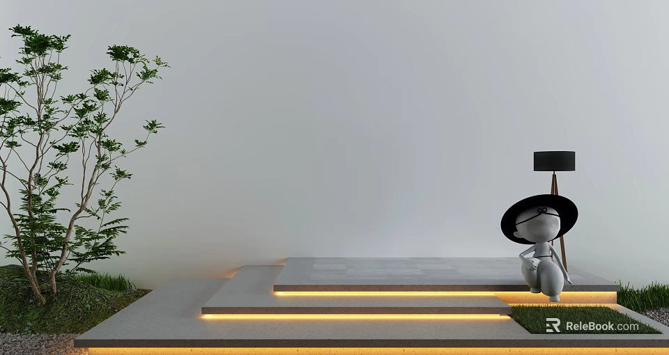 Courtyard Garden Design with Illuminated Steps Green Plants White Wall and Gray Stone Slabs 3d model 