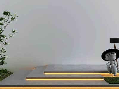 Courtyard Garden Design with Illuminated Steps Green Plants White Wall and Gray Stone Slabs 3d model