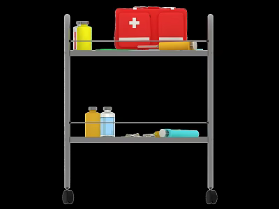 Medical Cart With Red First Aid Kit Medicine Bottles And Syringe On Shelves 3d model