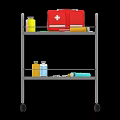 Medical Cart With Red First Aid Kit Medicine Bottles And Syringe On Shelves