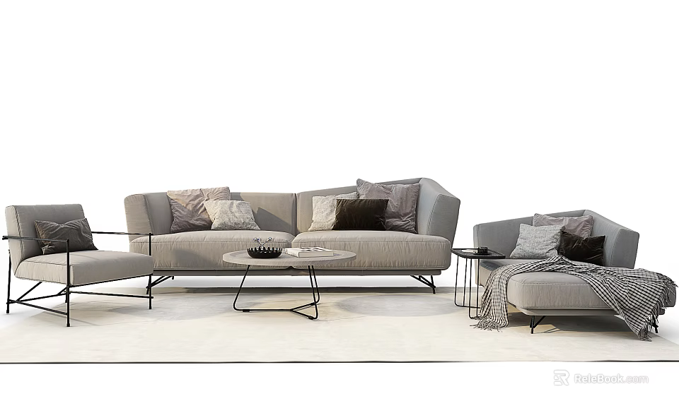 Modern Light Gray Sofa And Coffee Table Set With Throw Pillows And Round Metal Frame 3d model