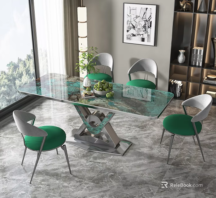 Modern Glass Top Dining Table Set With Green Cushioned Chairs And Metal Frame 3d model 