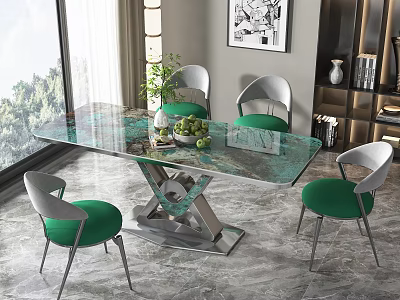 Modern Glass Top Dining Table Set With Green Cushioned Chairs And Metal Frame 3d model