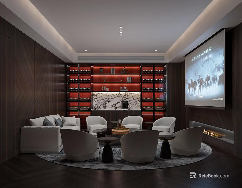 Modern Lounge Area With Sofa Chairs Coffee Tables Wine Rack Projection Screen And Fireplace 3d model 