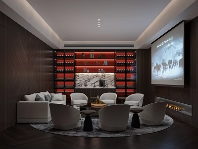 Modern Lounge Area With Sofa Chairs Coffee Tables Wine Rack Projection Screen And Fireplace 3d model