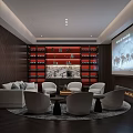 Modern Lounge Area With Sofa Chairs Coffee Tables Wine Rack Projection Screen And Fireplace