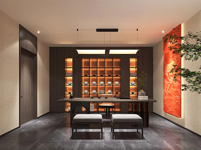 Traditional Tea Room Interior Design With Long Table Shelves Hanging Lights And Decorative Painting 3d model