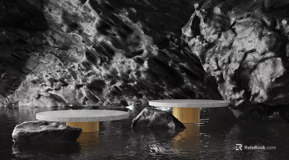 Modern Round Tables With White Tabletop And Golden Base In Rock Water Scene 3d model 