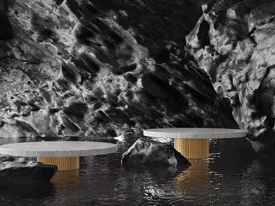 Modern Round Tables With White Tabletop And Golden Base In Rock Water Scene 3d model