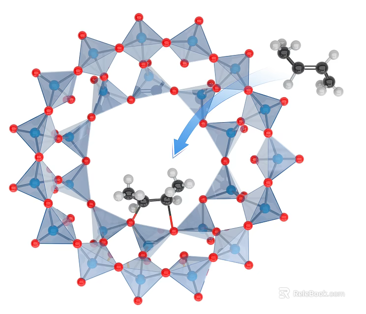 Molecular Ring Framework Structure With Red Blue Atoms And Small Molecules Binding 3d model