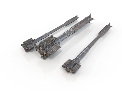 Three Metallic Industrial Mechanical Components With Intricate Textures And Long Structures 3d model