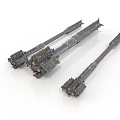 Three Metallic Industrial Mechanical Components With Intricate Textures And Long Structures