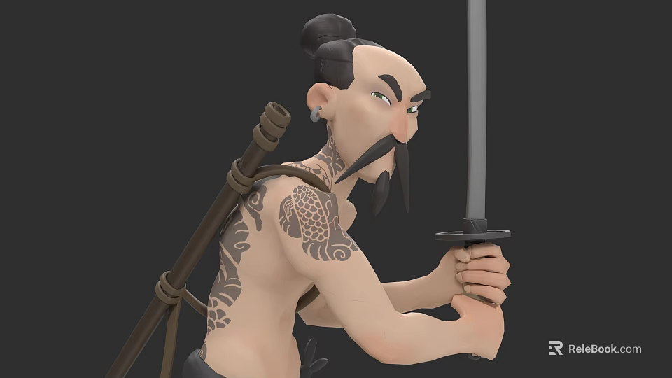 Game Movie Character Bald Topknot Mustache Holding Long Sword Back Dragon Tattoo Shoulder Staff 3d model 