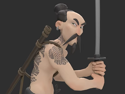 Game Movie Character Bald Topknot Mustache Holding Long Sword Back Dragon Tattoo Shoulder Staff 3d model
