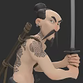 Game Movie Character Bald Topknot Mustache Holding Long Sword Back Dragon Tattoo Shoulder Staff