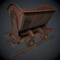 Vintage Rusty Mine Cart With Metal Wheels On Wooden Tracks