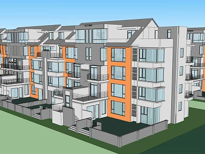 Modern Multi Story Apartment Building with Orange Gray Facade Multiple Balconies Front Lawn and Fence 3d model