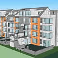 Modern Multi Story Apartment Building with Orange Gray Facade Multiple Balconies Front Lawn and Fence
