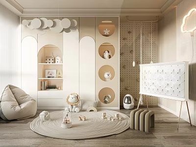 Whimsical Playroom Interior With Cloud Lights Wall Shelves Plush Toys And Art Easel 3d model