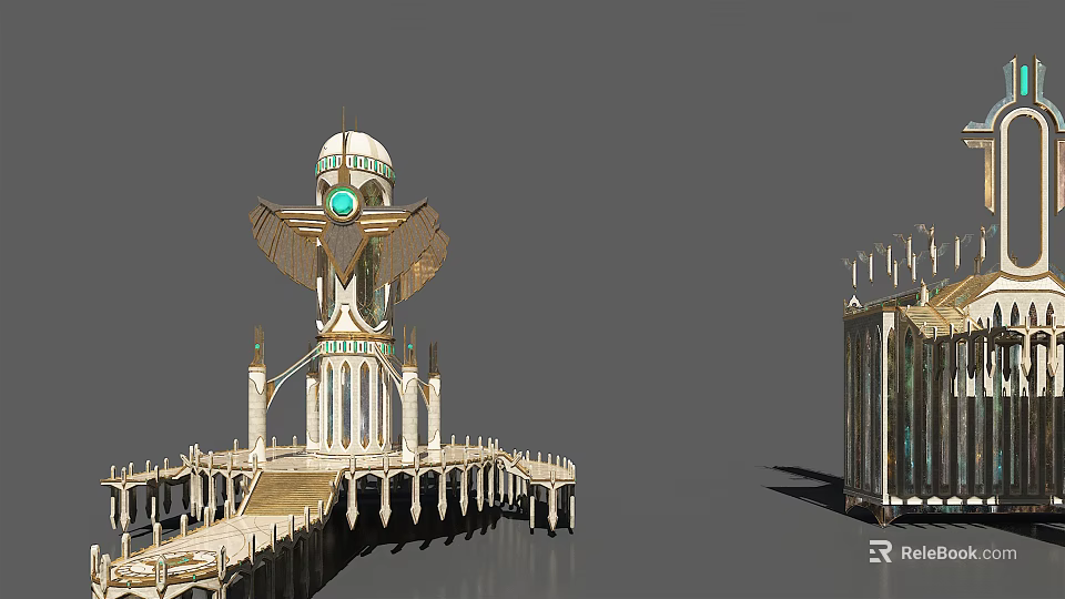 Cartoon Scene Featuring Tower With Wings Green Gem And Long Pier With Columns 3d model 